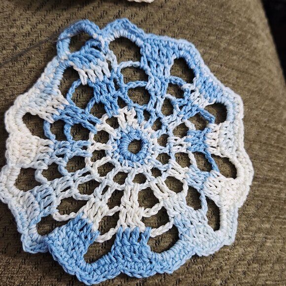 Vintage Handmade Crocheted Christmas Ornaments Set of 2 White & Blue - Picture 2 of 5